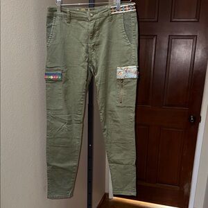 Desigual Boho Olive Green Utility Skinny Pants Embroidered Accents EU Size 38